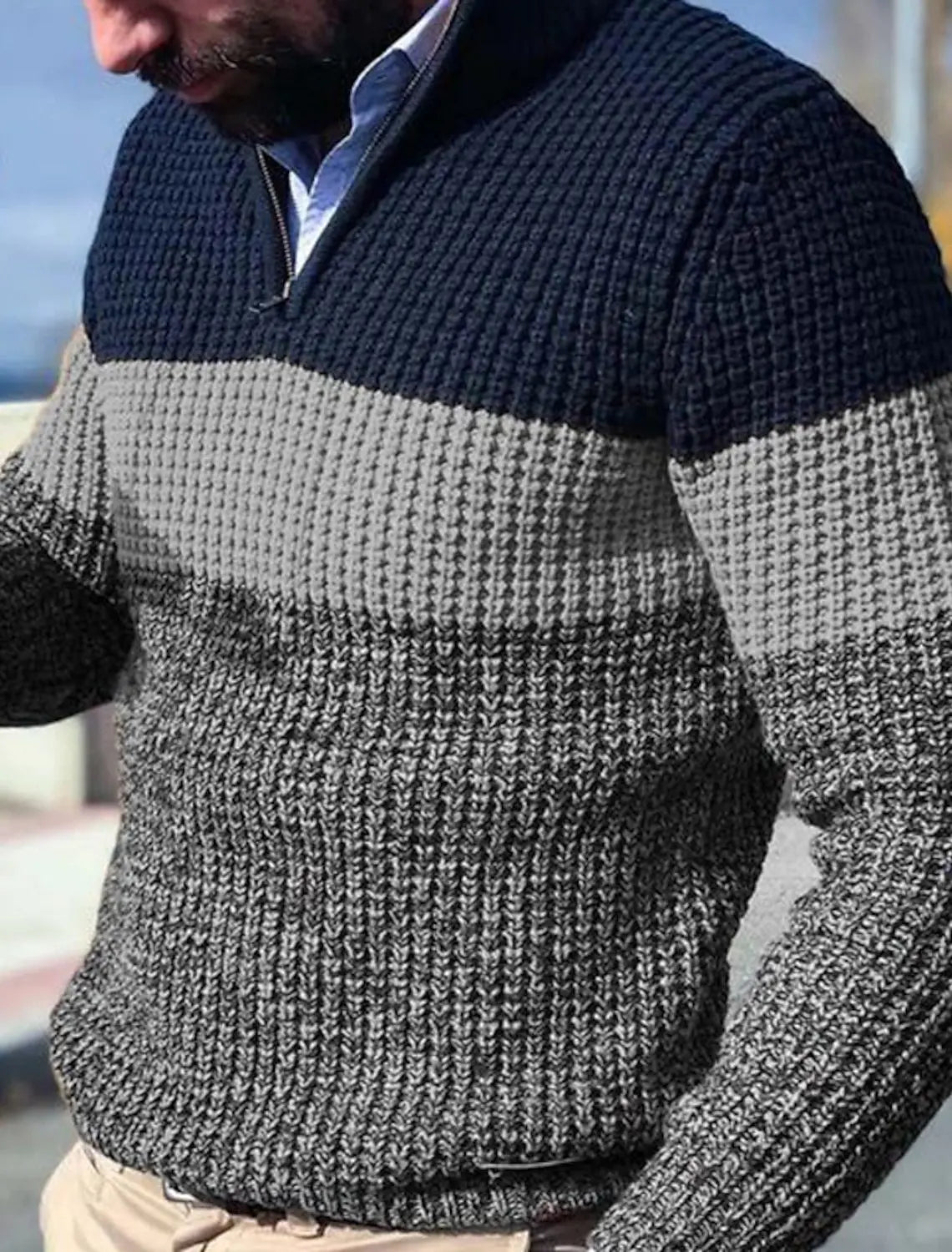 Color‑Block Semi‑Zipper Sweater