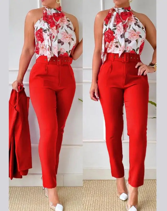 Colorful Women's Pants Suit Spring and Summer 2023 New Sleeveless Floral Print Hanging Neck Vest Belt High Waist Pants Suit