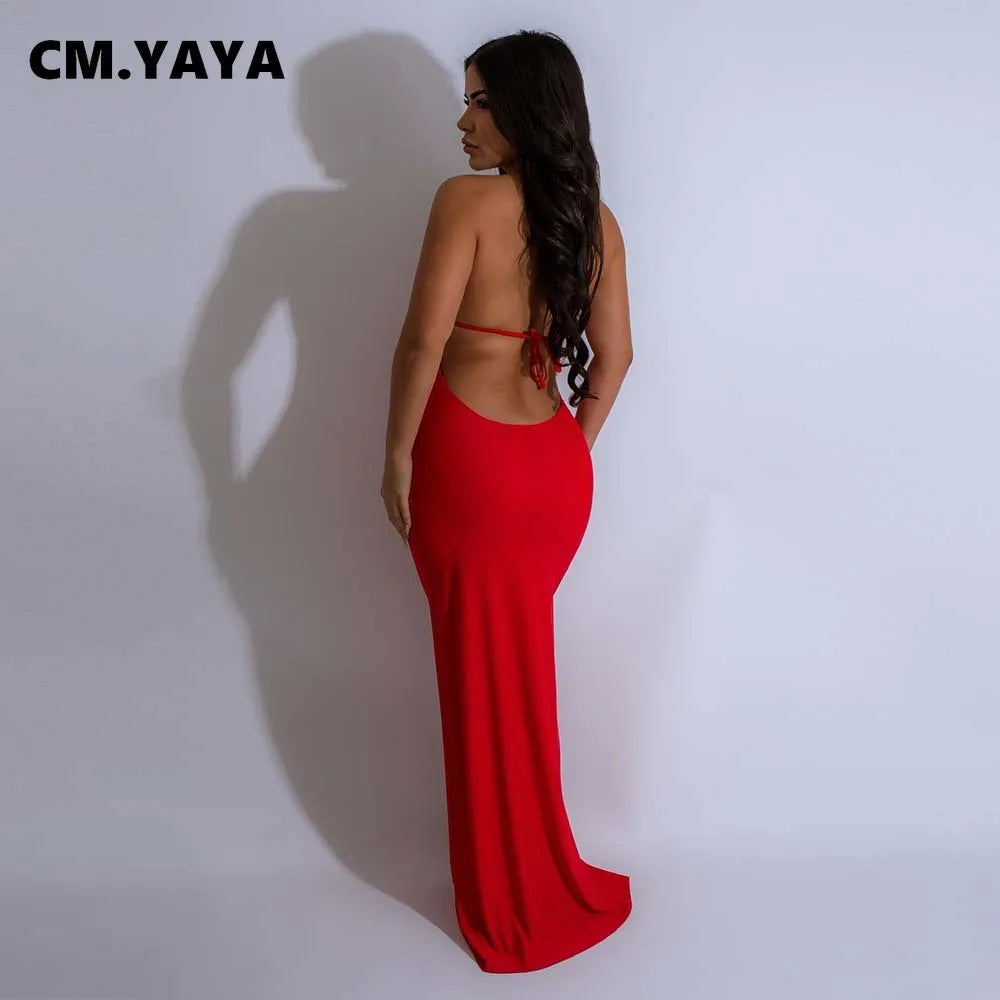 CM.YAYA Women Sleeveless Deep V-neck Halter Long Maxi Dress Summer Backless Beach Sexy Street Evening Night Club Party Dresses