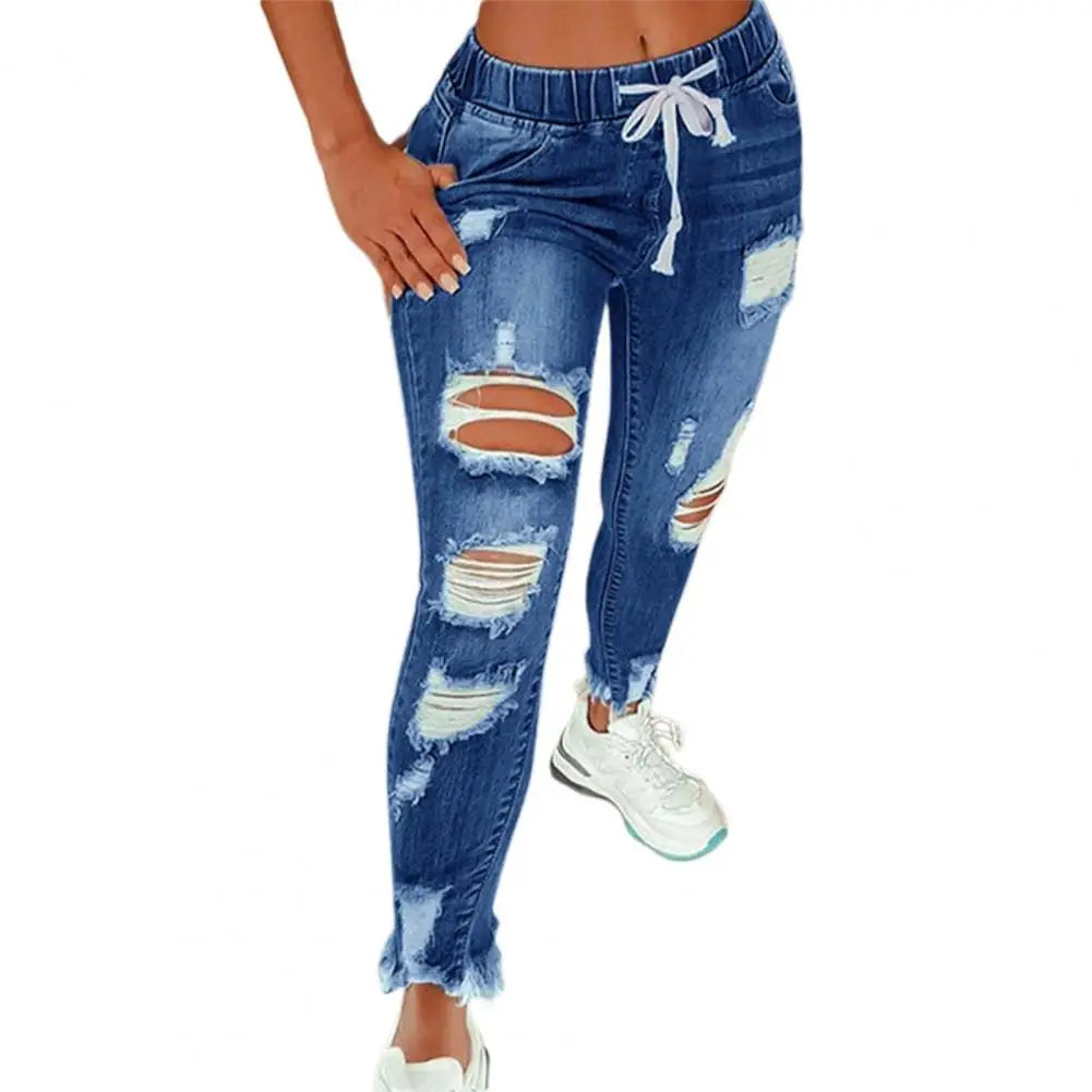 2022 Hot Sale Women Ripped Elastic Waist Jeans Fashion Slim High Stretch Denim Pencil Pants Large Size Trousers S-5XL Drop Ship