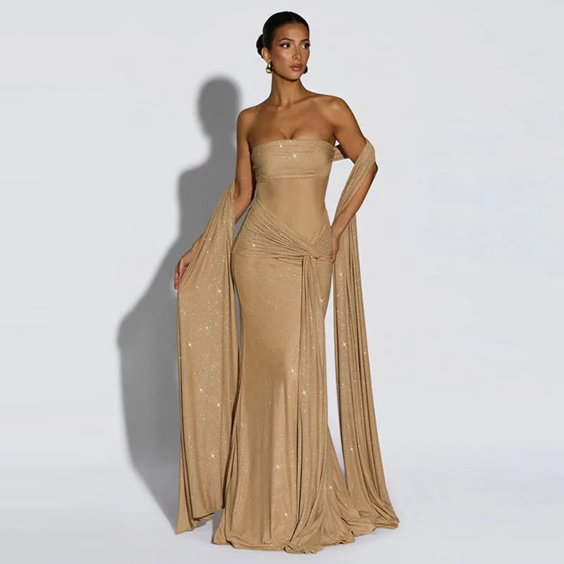 Sexy Ribbon Sparkle Strapless Draped Maxi Dress Women Sleeveless Backless Bodycon Long Dresses 2025 New Lady Club Party Robes