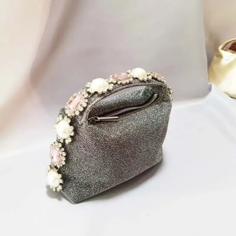 Luxury Designer Pearl Beaded Satin Hobo Bag Women Handbag Rhinestone Diamond Evening Bag Wedding Party Clutch Purse Shoulder Bag