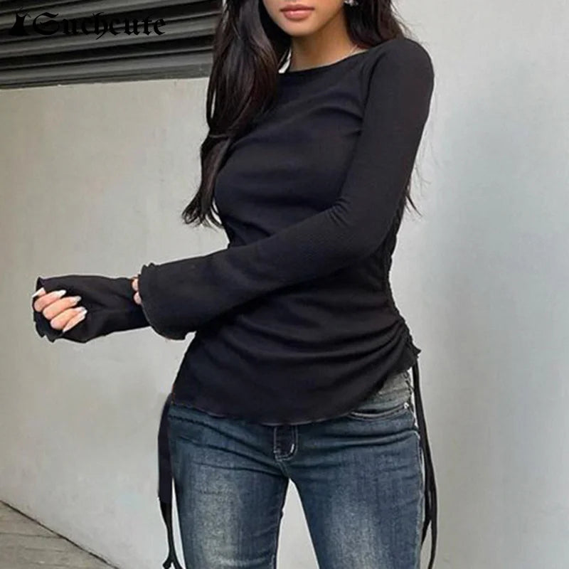 SUCHCUTE Basic Women T-shirt Lace Up Drawstring Solid Long Sleeve Tee Casual Elegant Tops Korean Knitted 2024 Autumn Clothes New