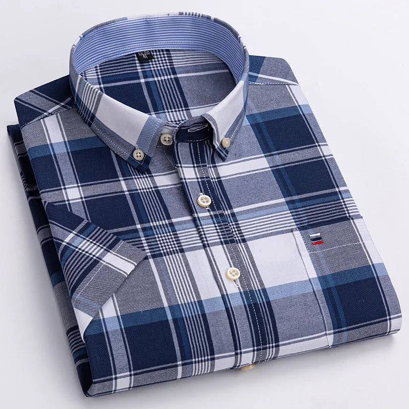 Men’s 100% Cotton Oxford Short‑Sleeve Shirt – Breathable Summer Plaid/Striped Business Casual (Regular/Oversized Fit)