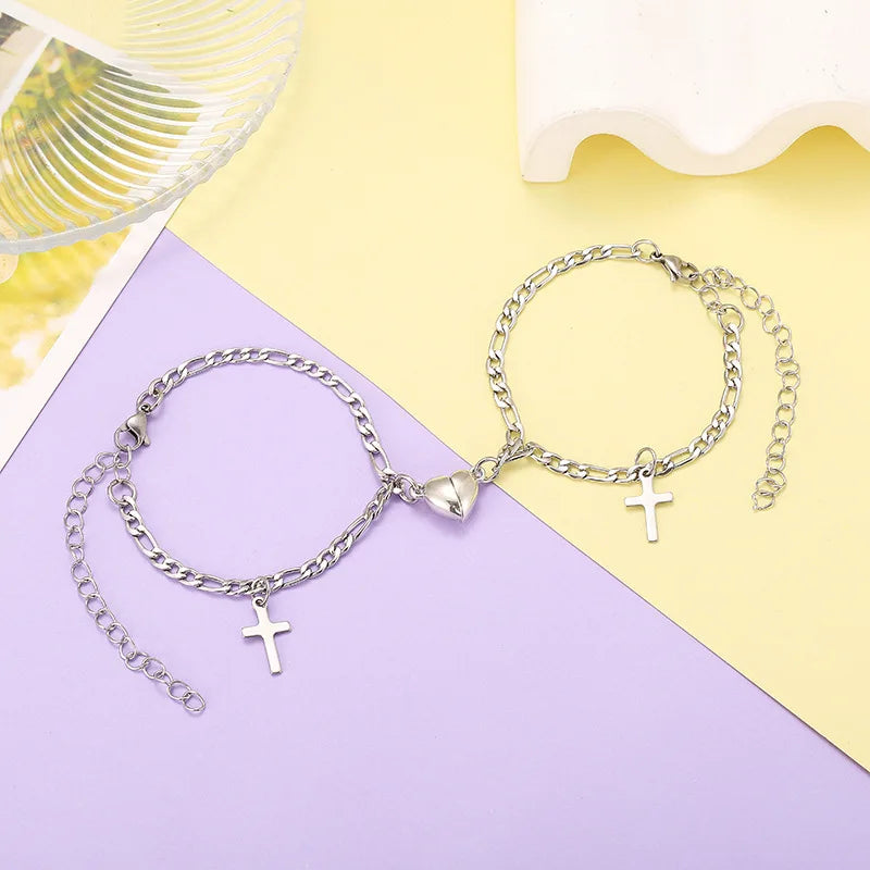 JWER 2Pcs/set Magnet Couple Bracelets Heart Attraction Bracelet Stainless Steel Charm Simple Cuban Chains Key Lock Jewelry Gifts
