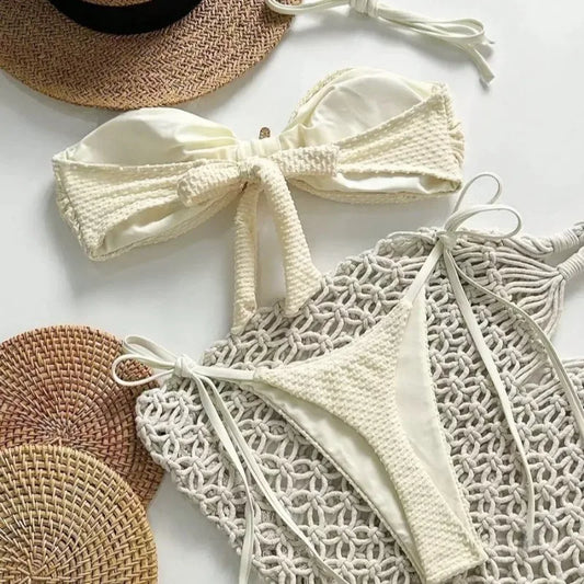 Women’s Solid Lace‑Up Bikini – European/American Fresh‑Style Split Swimsuit | 2026 Summer Beachwear