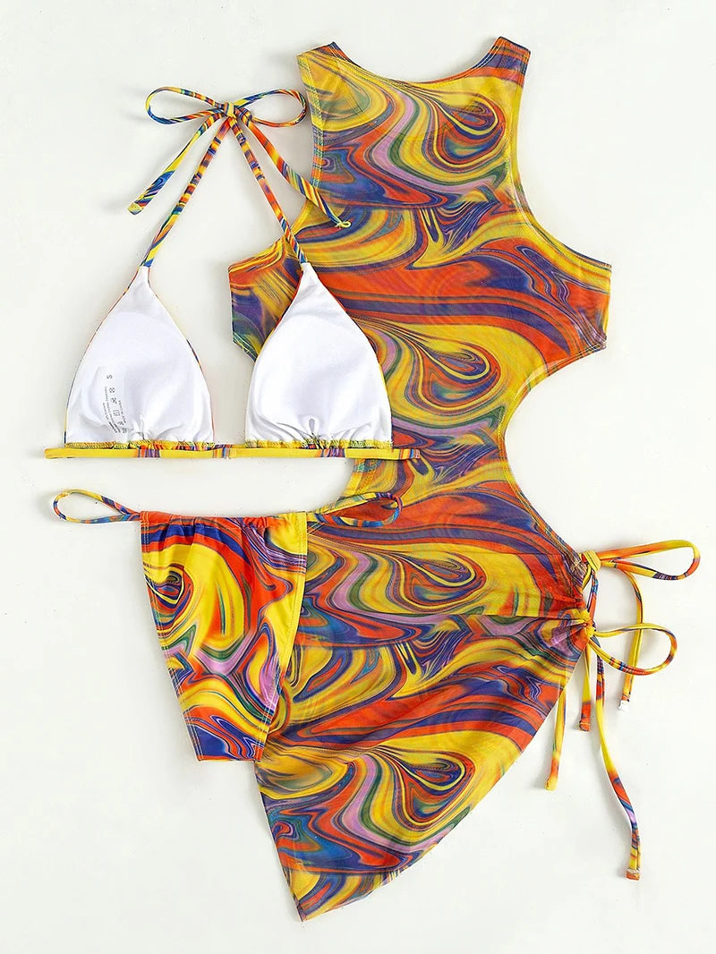 3‑Piece Leopard Halter Bikini Set