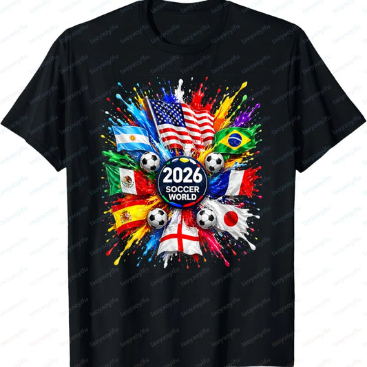 Men’s 2026 Soccer T‑Shirt — World Flag Color Splash Football Print Crew Neck Tee