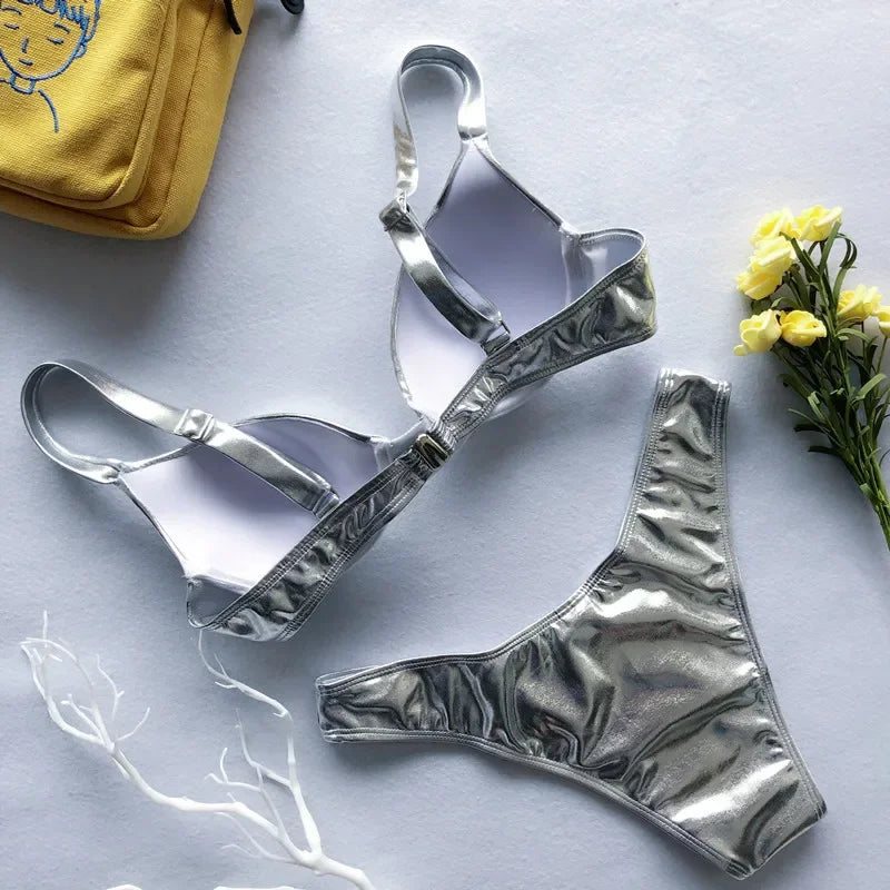 Metallic Push‑Up Thong Bikini