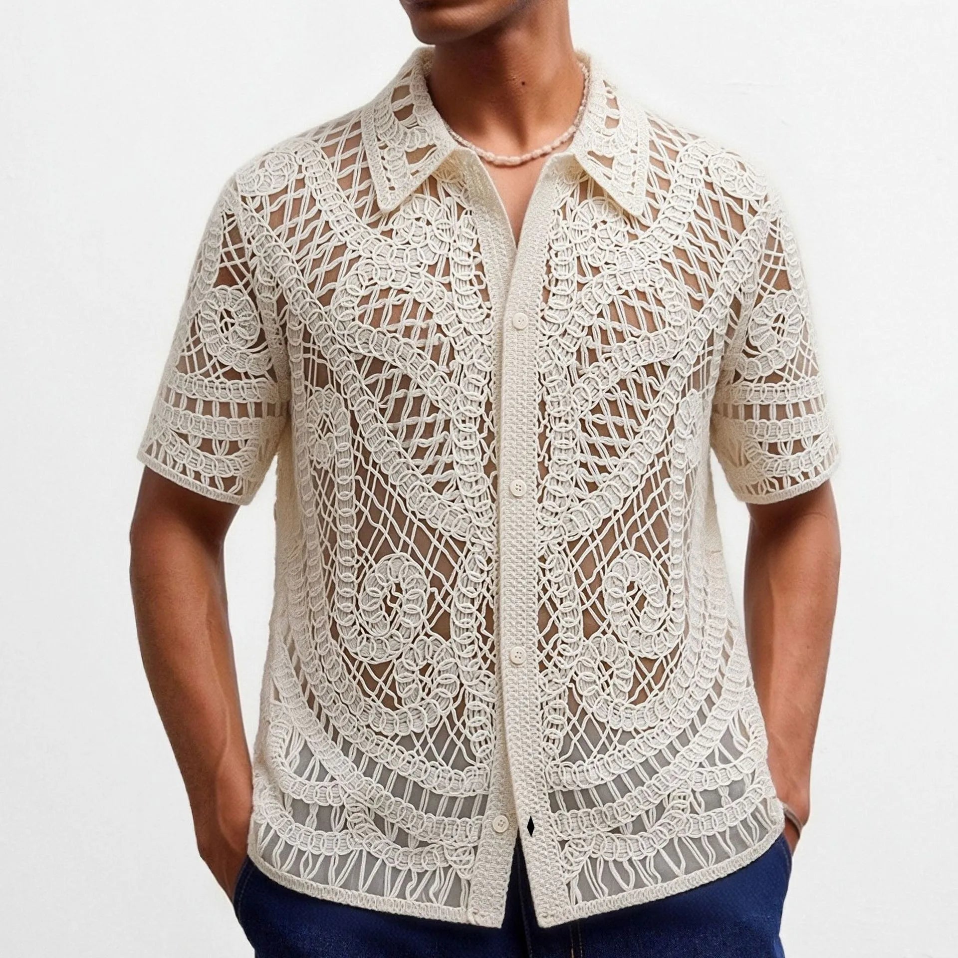 French Retro Crochet Polo Shirt