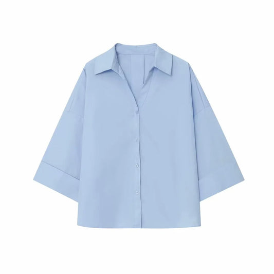 PB&ZA 2025 Women's Light Blue Oversized Collared Button - Down Shirt with 3/4 Sleeves for a Casual and Chic Look