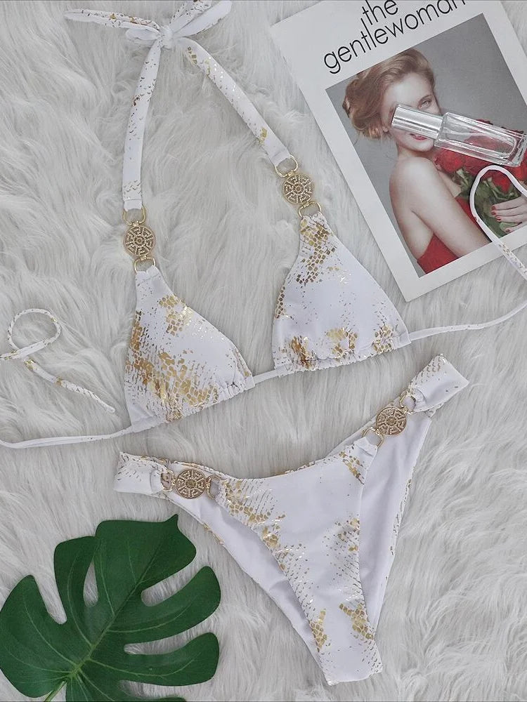 Women’s 2026 White Snake‑Skin Rhinestone Micro Bikini – Luxury Brazilian Push‑Up Thong Swimsuit