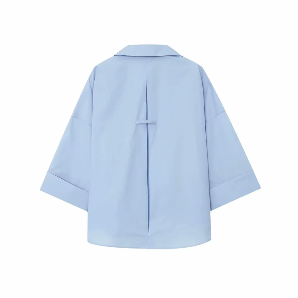 PB&ZA 2025 Women's Light Blue Oversized Collared Button - Down Shirt with 3/4 Sleeves for a Casual and Chic Look