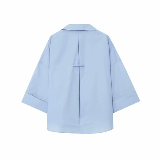 PB&ZA 2025 Women's Light Blue Oversized Collared Button - Down Shirt with 3/4 Sleeves for a Casual and Chic Look