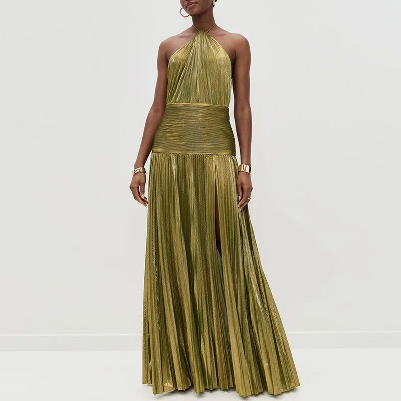 Gold Sexy Halter High Split Gowns Evening Dress Woman Chic Solid Hollow Pleated Long Dress Spring Summer Backless Zip Maxi Dress