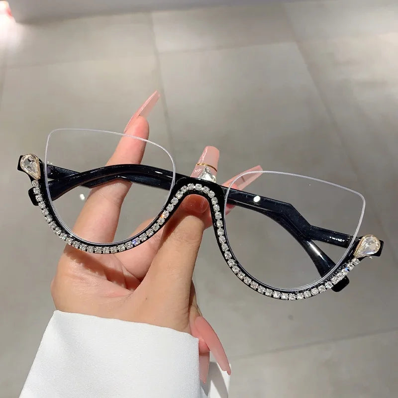 :Diamond Cat Eye Sunglasses for Women, Semi-Rimless Sun Glasses, Crystal Frame, Rhinestone Eyewear,Luxury Brand Designer,2023