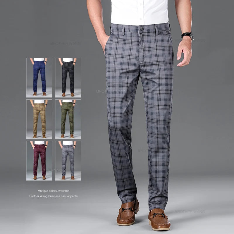 Slim‑Fit Plaid Cotton Pants
