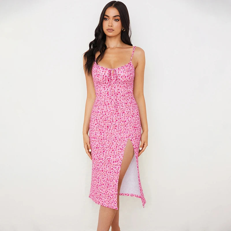 Hugcitar 2025 Sleeveless Satin Slip Floral Ruched Bandage Cut Out Maxi Dress Summer Women Fashion Sexy Party Club Robe Kpytomoa