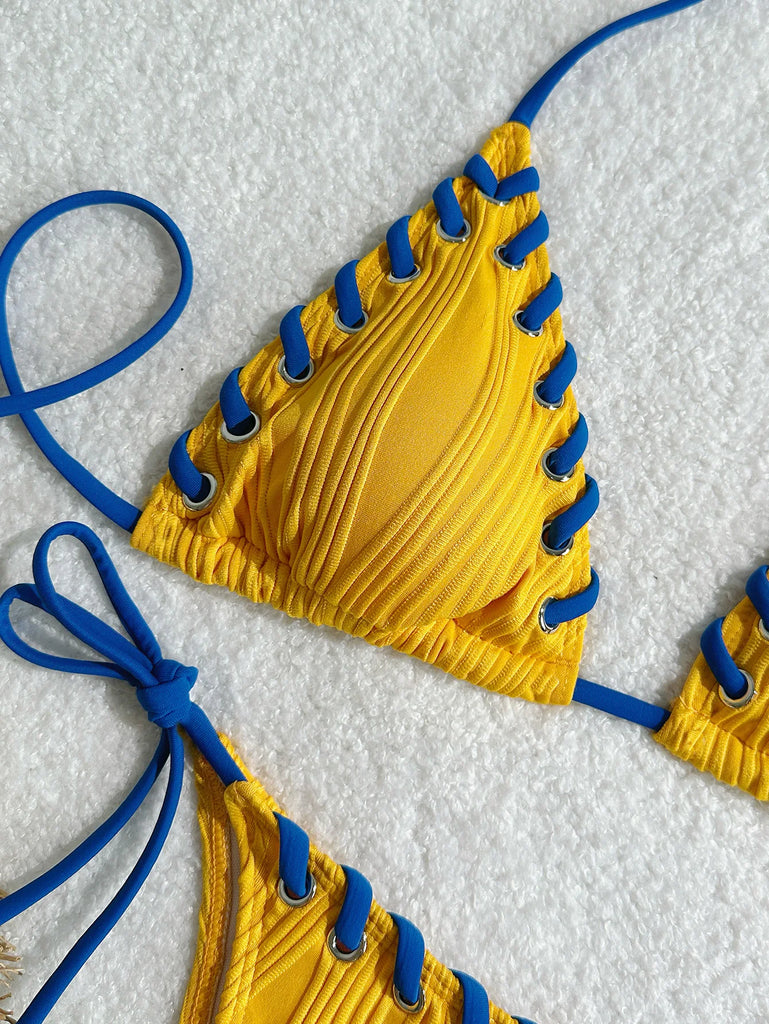 Halter Wrinkled Weave Bikini Set Women Swimwear Female Swimsuit Two Pieces Bikini Set Brazilian Bathing Suit Swim Beach Wear