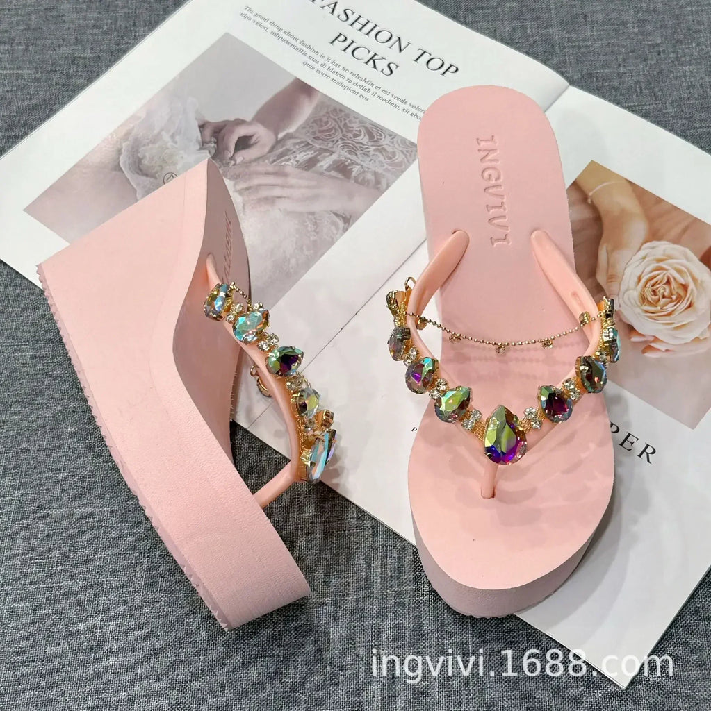 Women’s High Heeled Flip Flops — Diamond Slope Heel Slippers Elegant Beach Sandals