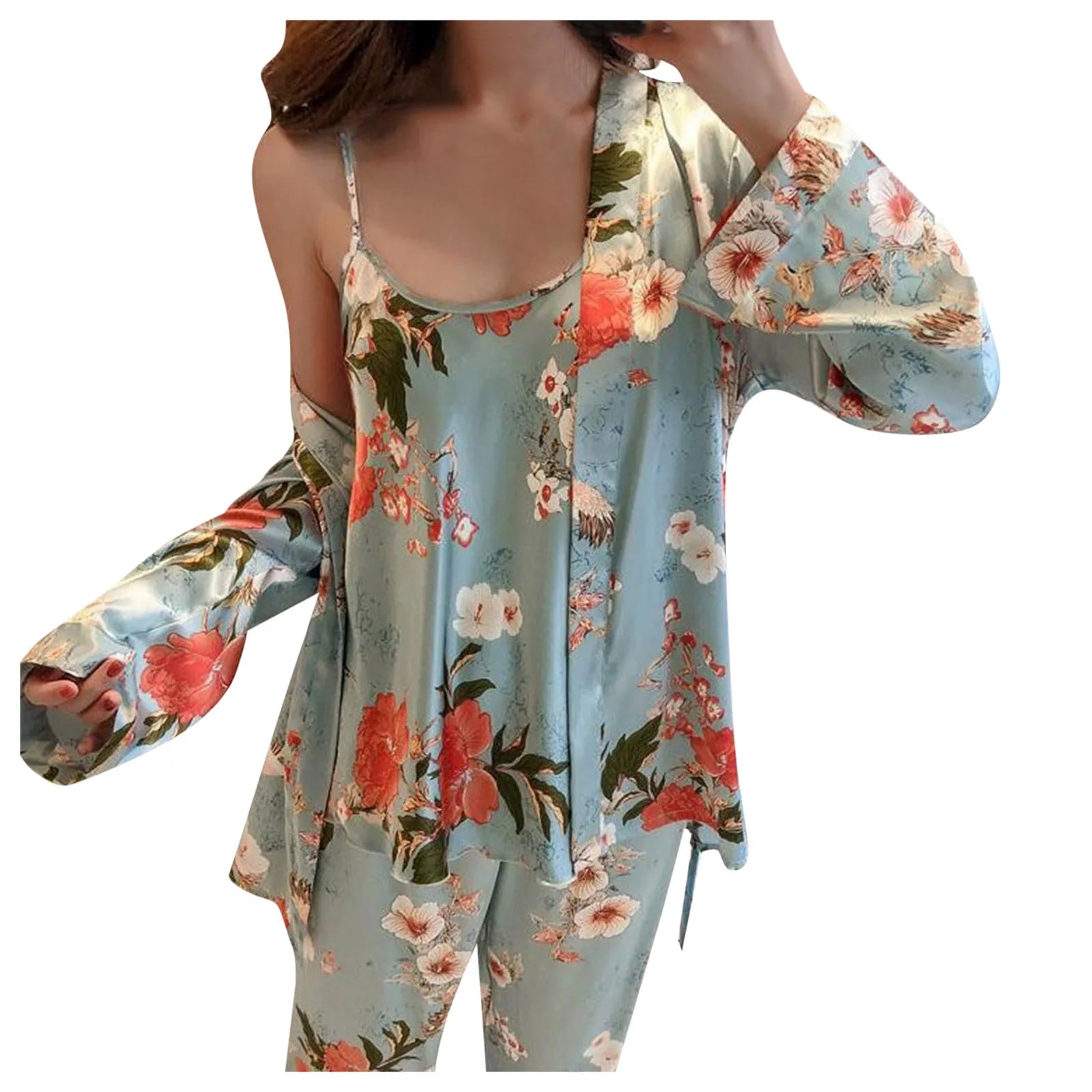 Women's Pajamas Sets Soft Silky Satin Folral Print Homewear Three Piece Home Suit Tank Top And Pants Pajamas Set With Nightgowns