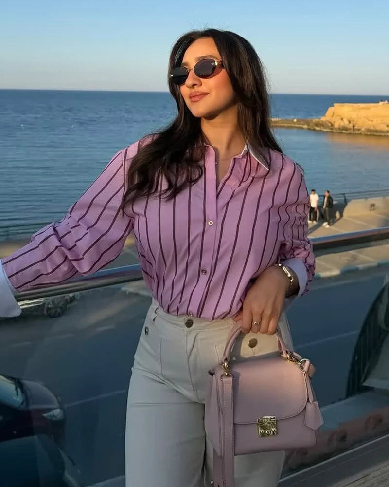 2026 Women’s Long Sleeve Collared Shirt — Striped Cuff Loose Chic Spring Summer Top