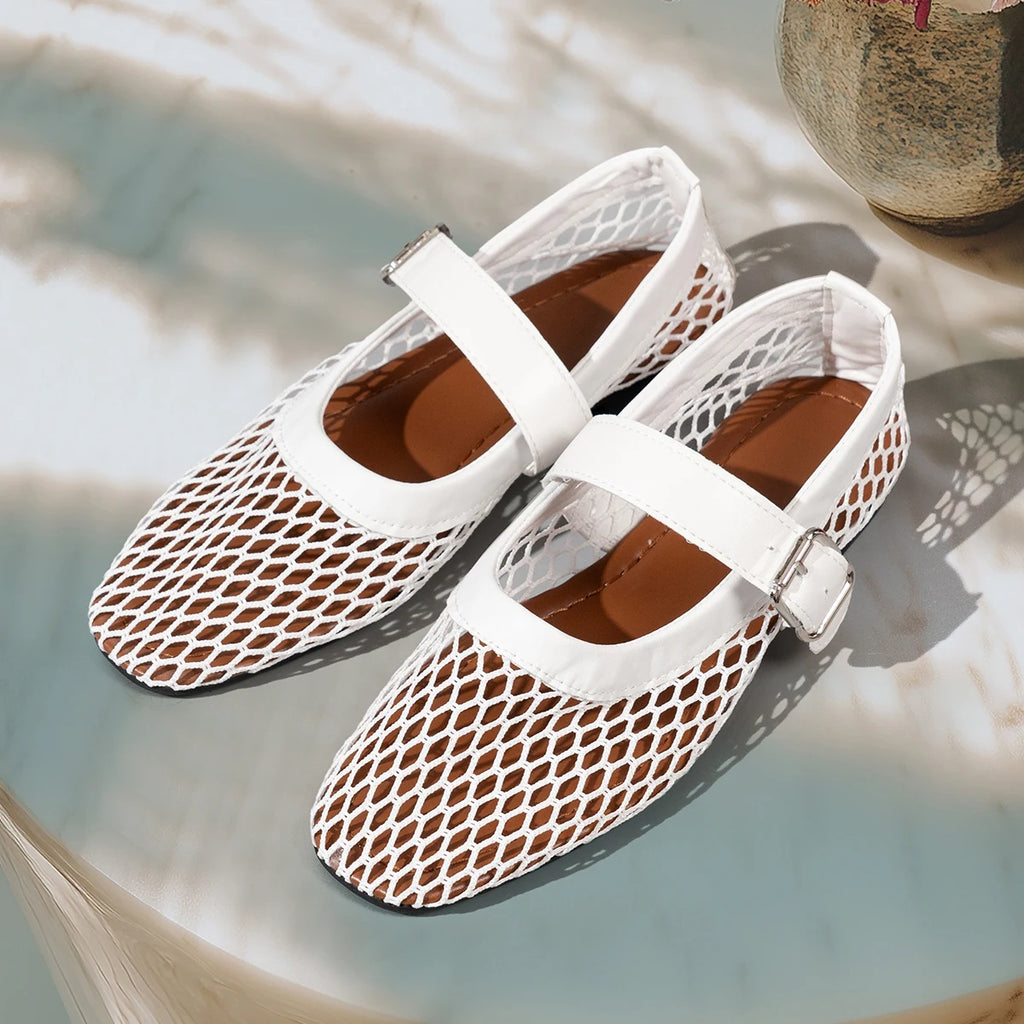 2025 Women’s Round Toe Flat Shoes — Breathable Hollow Ballet Mary Jane Sandals Casual Designer Style