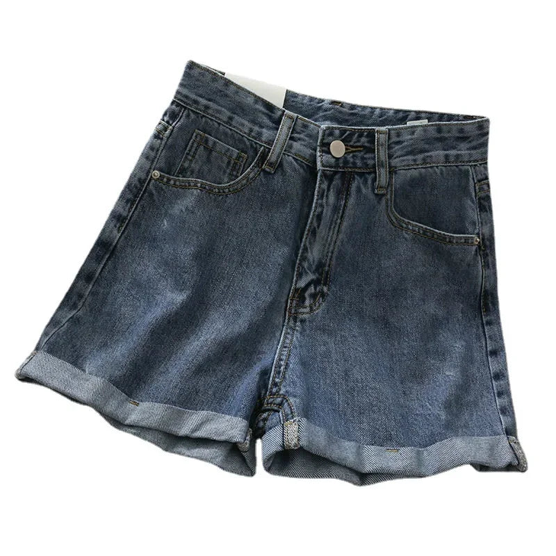 Women's Denim Trendy High-Waisted Slimming Loose-Fit Rolled Edge Korean Style A- Line Hot Pants Summer New Arrival
