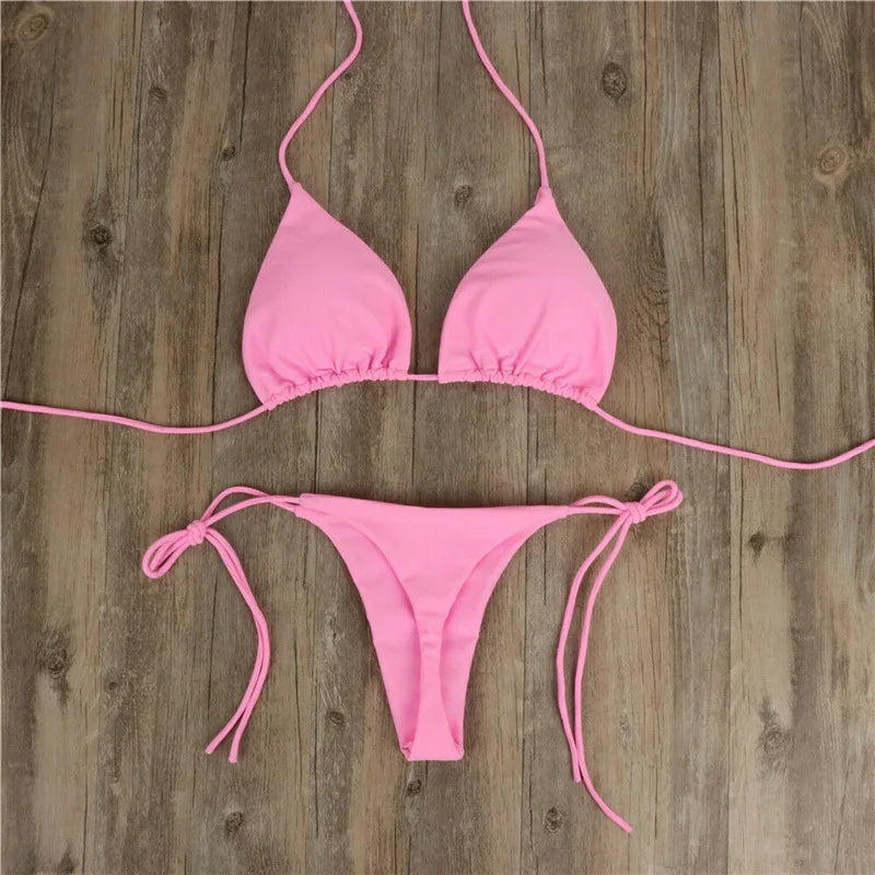 Women’s 2025 Solid Halter Triangle Bikini – Two‑Piece Thong Swimsuit for Summer Beachwear