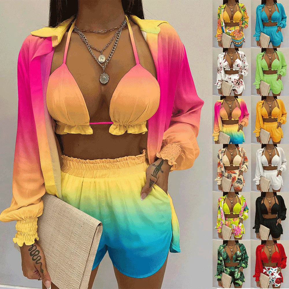 Women’s 2024 High‑Waist 3‑Piece Bikini Set – Printed Swimsuit with Shorts Cover‑Up Summer Beachwear