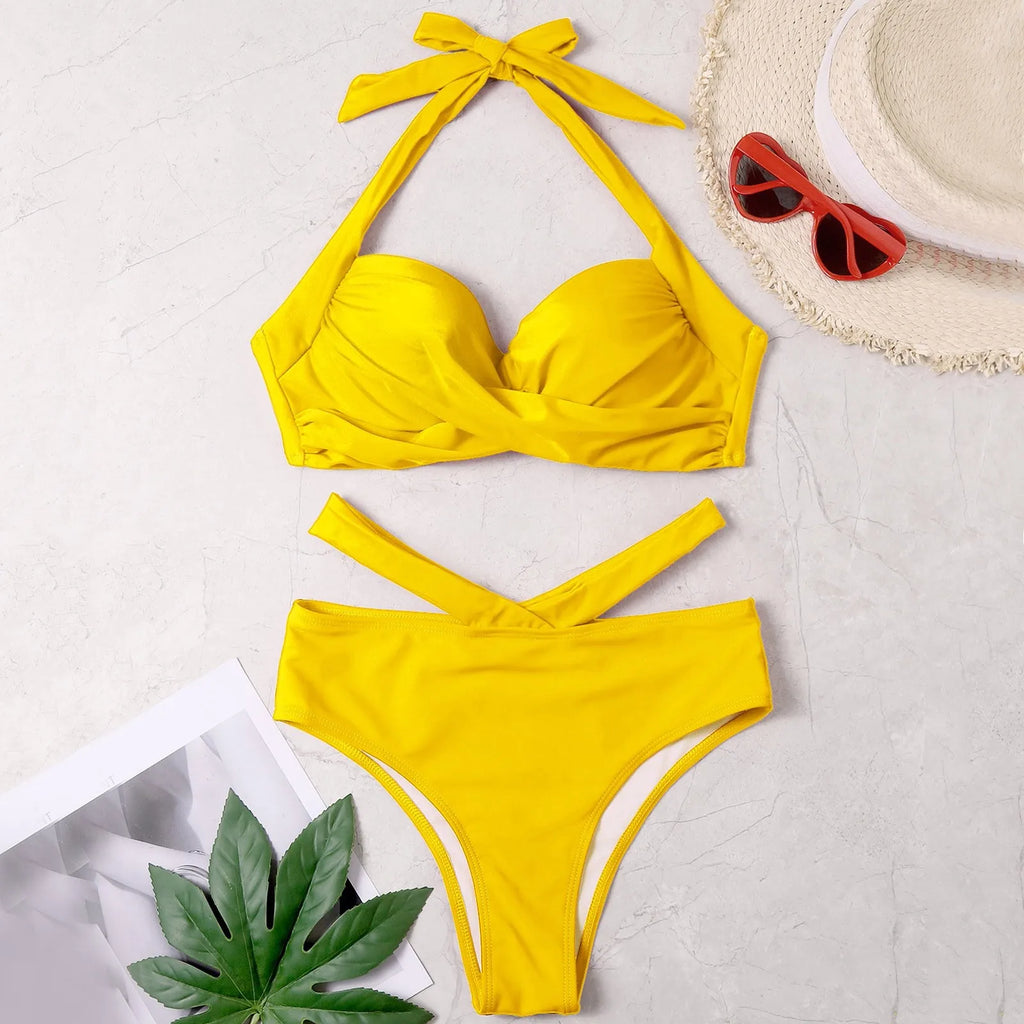 Women’s Halter Tube‑Top Cross‑Ruched Bikini Set