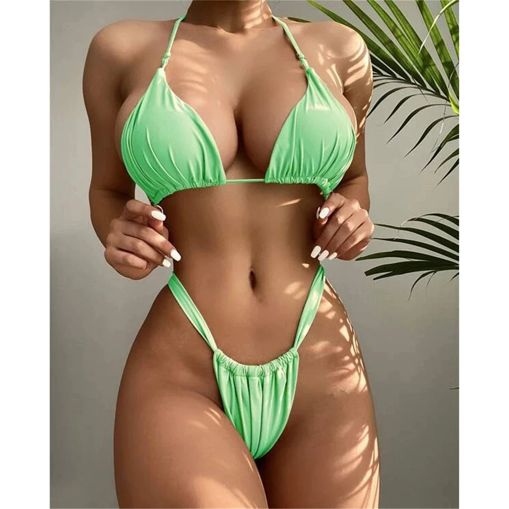 Women’s Halter High‑Leg Bikini Set – Sexy Two‑Piece Swimsuit in 14 Colors, V4010 Summer Beachwear