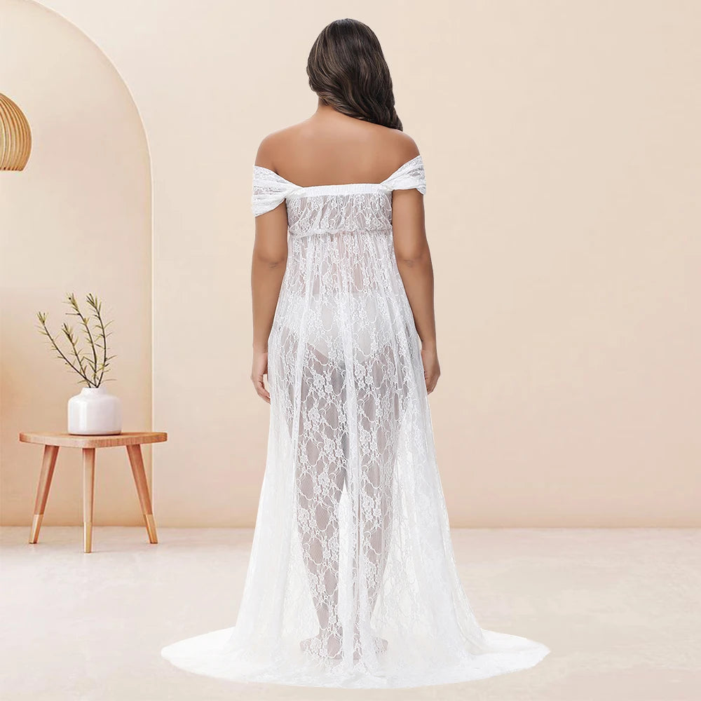 Maternity Summer Lace Sexy Long Dress Off-Shoulder High Waist Slit For PhotoShoot Baby Shower Pregnancy Women Bohemian Gown