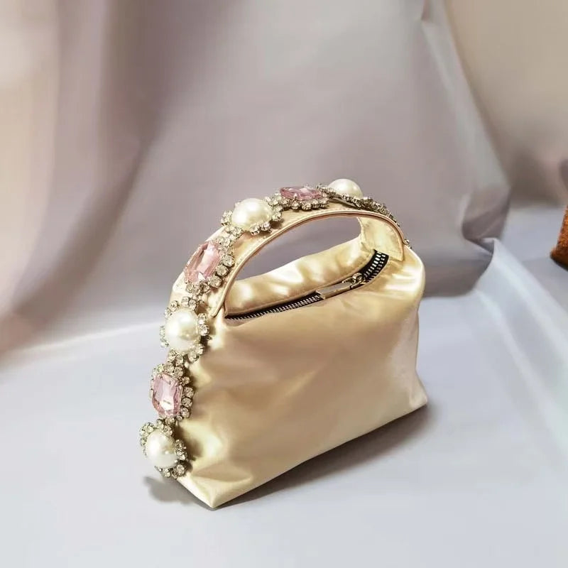 Luxury Designer Pearl Beaded Satin Hobo Bag Women Handbag Rhinestone Diamond Evening Bag Wedding Party Clutch Purse Shoulder Bag