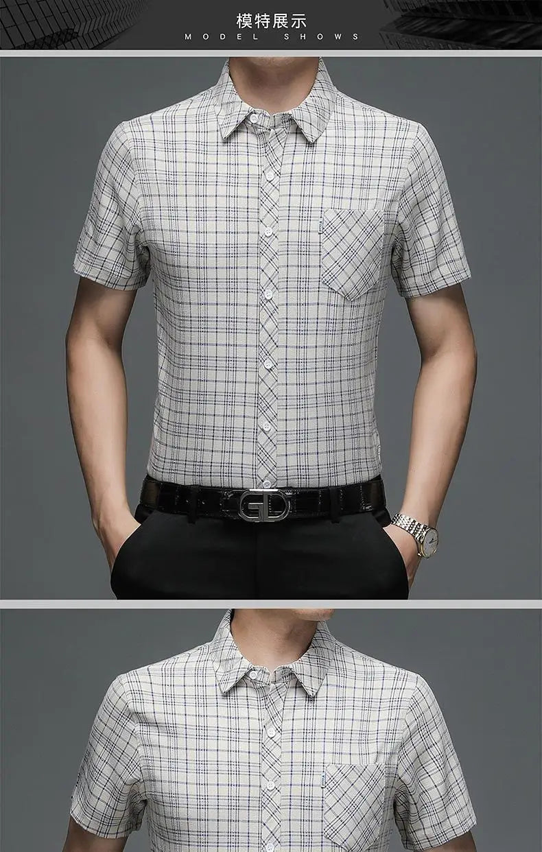 Grey Plaid Short‑Sleeve Button‑Down Shirt