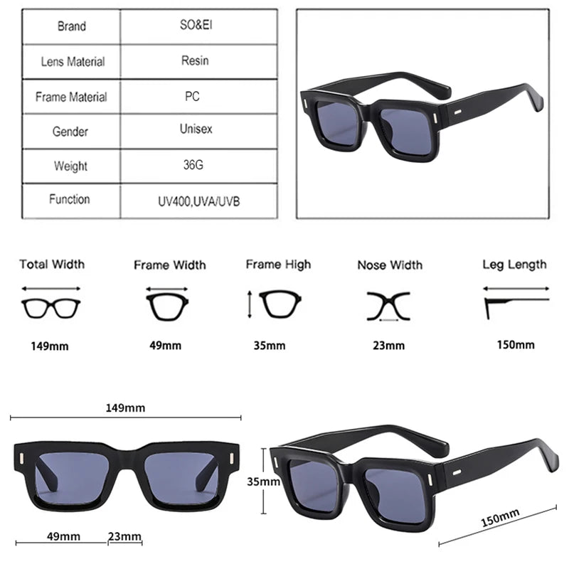 SO&EI Ins Popular Fashion Square Sunglasses Women Retro Punk Clear Ocean Lens Eyewear Men Shades UV400 Rivets Sun Glasses