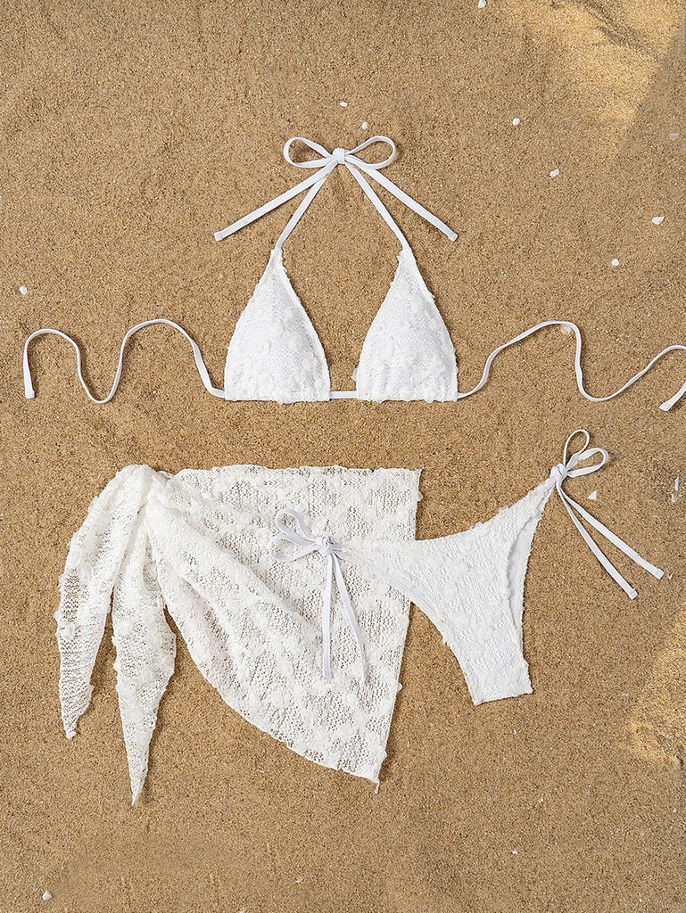 Women’s 2025 White Lace 3‑Piece Bikini – Bandage Push‑Up Thong Swimsuit with Maxi Cover‑Up Skirt