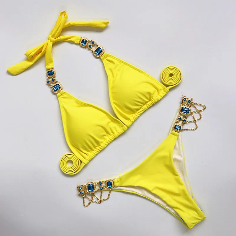 Women’s 2026 Rhinestone Diamond Bikini – Halter Chain Two‑Piece Swimsuit, Sexy Shiny Brazilian Swimwear