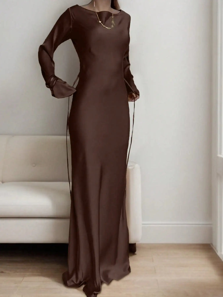 Women’s Bespoke Satin Maxi Dress – Corset Waist Tie, Round Neck & Flared Sleeves | Luxury Evening Gown 2026