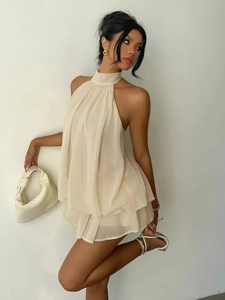 Women’s Backless Halter Neck Dress – Tie‑Front Chiffon Sheer Mini Skirt, Sexy Y2K Vintage Party Dress