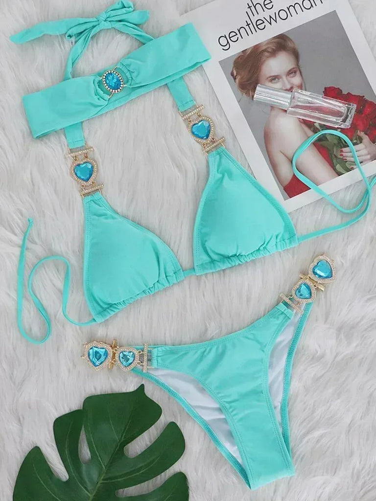 Women’s 2026 Rhinestone Diamond Bikini – Halter Chain Two‑Piece Swimsuit, Sexy Shiny Brazilian Swimwear
