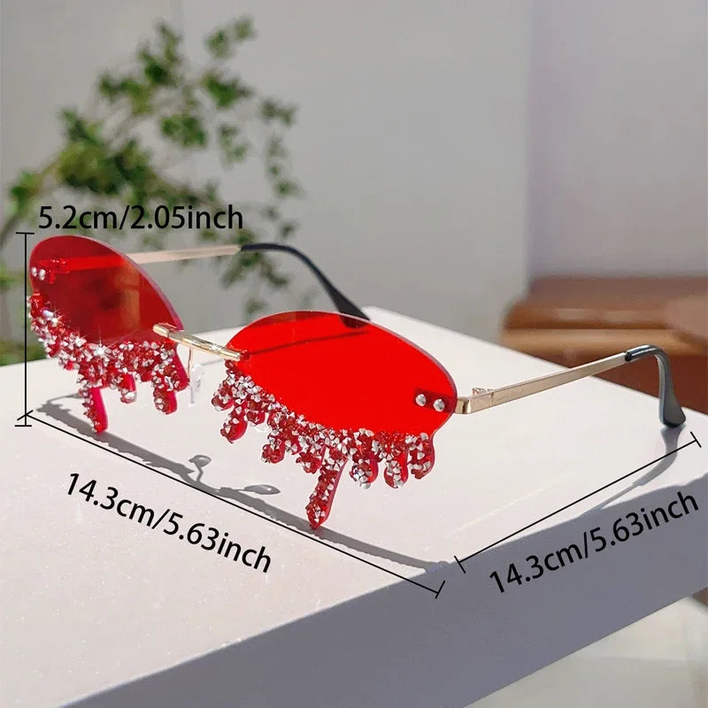 KAMMPT Rimless Tear Shaped Sunglasses with Rhinestones Women Fashion Decorative Shades Trendy Stylish Design Rave Sun Glasses