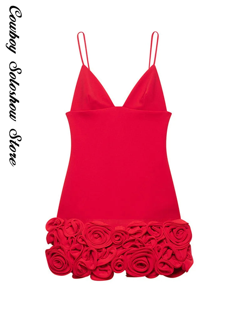 Sexy 3d Flower Mini Dress Women Chic Sling Slim Red Deep V-neck Backless Sleeveless Dresses 2025 Summer Party Evening Lady Robe