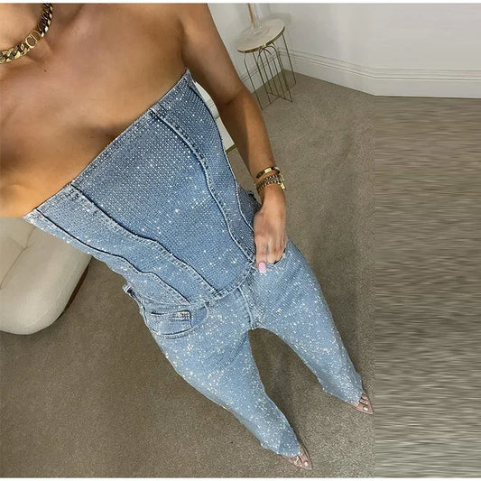 Sexy Women's Sparkling Rhinestone Denim Set Corset Shaping Crop Top Matching Slim Fit Jeans Party Clubwear Cowgirl Style 2pcs