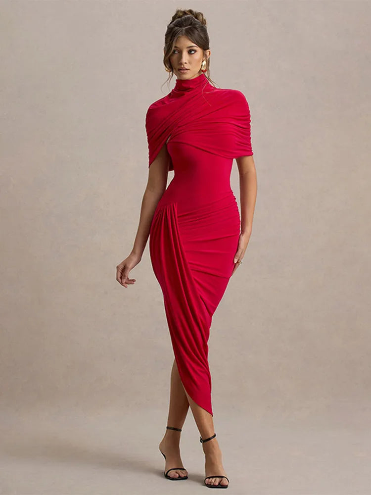Irregular Shawl Blue Maxi Dress – Women’s 2025 Slim‑Fit Turtleneck Pleated Evening Party Dress