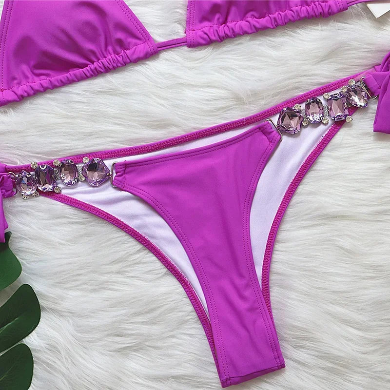 Women’s 2026 Rhinestone Diamond Bikini – Halter Chain Two‑Piece Swimsuit, Sexy Shiny Brazilian Swimwear