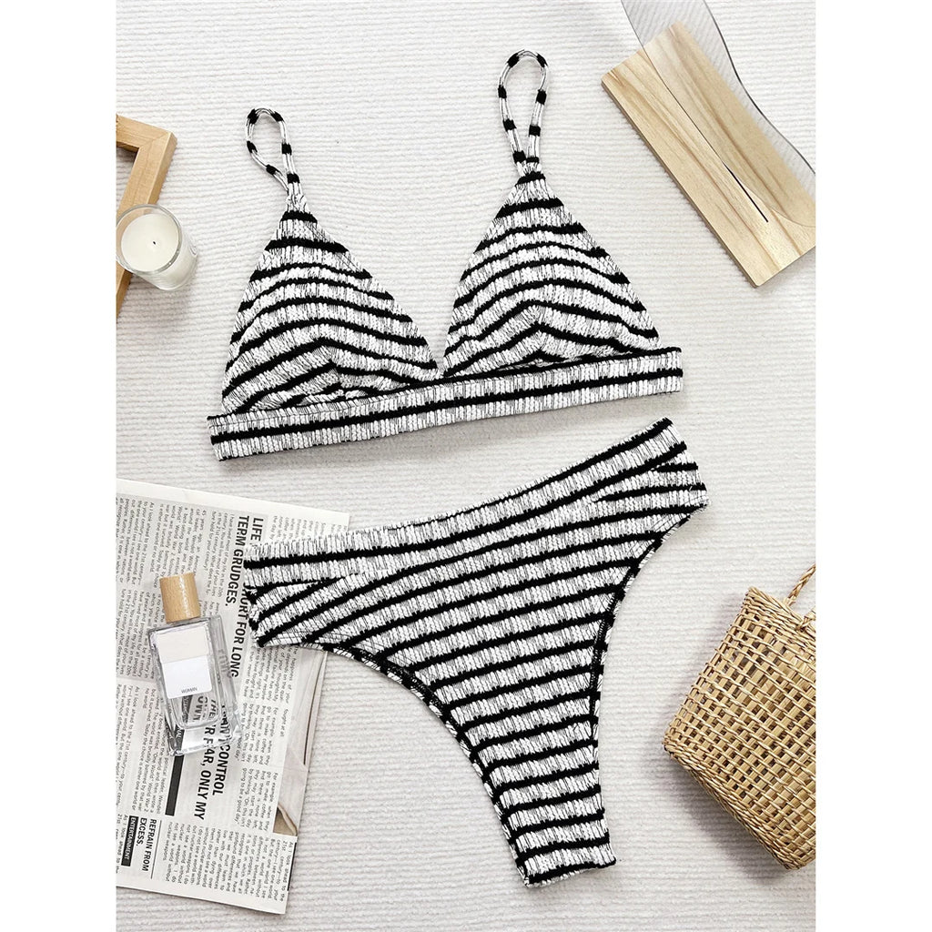 Black & White Striped High‑Waist Bikini – Sexy Two‑Piece Women’s Swimsuit