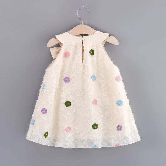 Girls' Summer New Sleeveless Dress Children's Round Neck Colorful Cute Flower Big Bow Baby Tassel Princess Dress