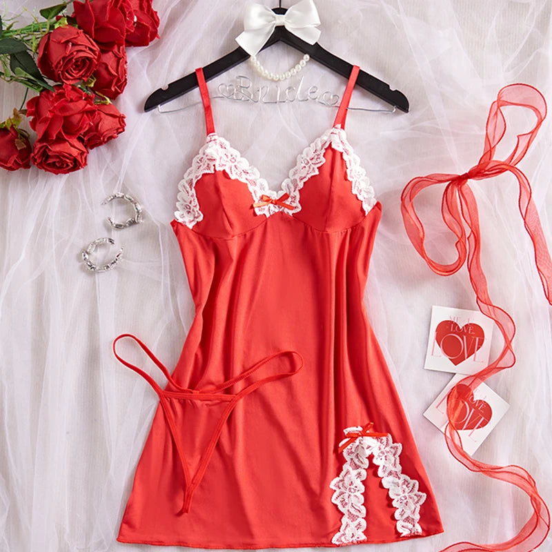 Light Purple Deep‑V Lace Bow Nightdress
