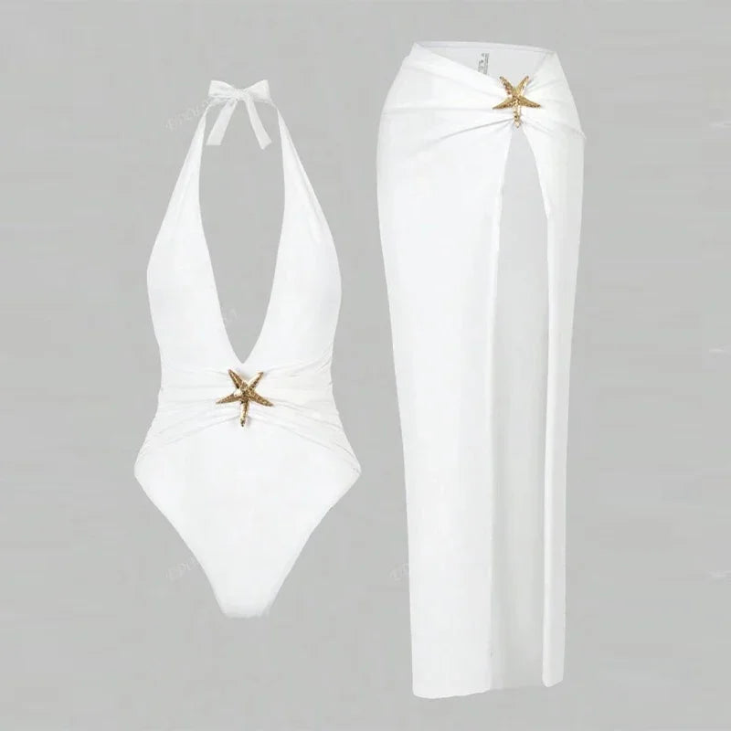 Women’s 2025 Halter Starfish Bikini Set – Deep V‑Neck Swimsuit with Side‑Split Skirt Beachwear